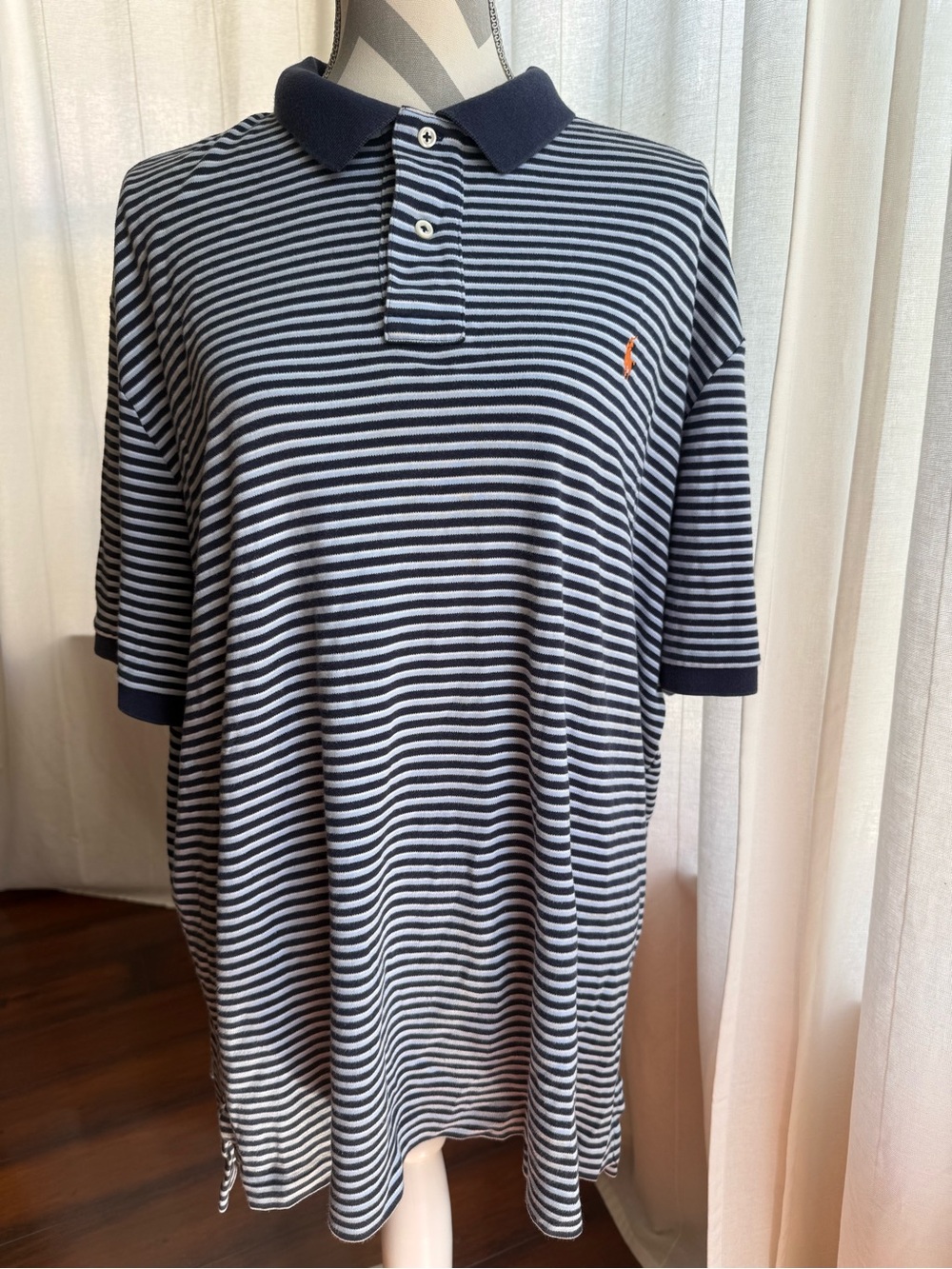 Polo by Ralph Lauren Navy and White Striped Polo with Orange Logo